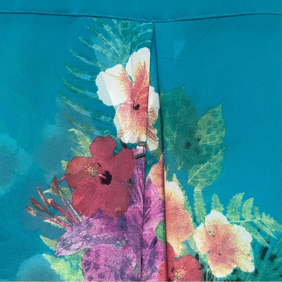 Soft Surroundings Tropical Tunic Top Hibiscus Leopard Print Teal Roll Tab Medium - Picture 4 of 13